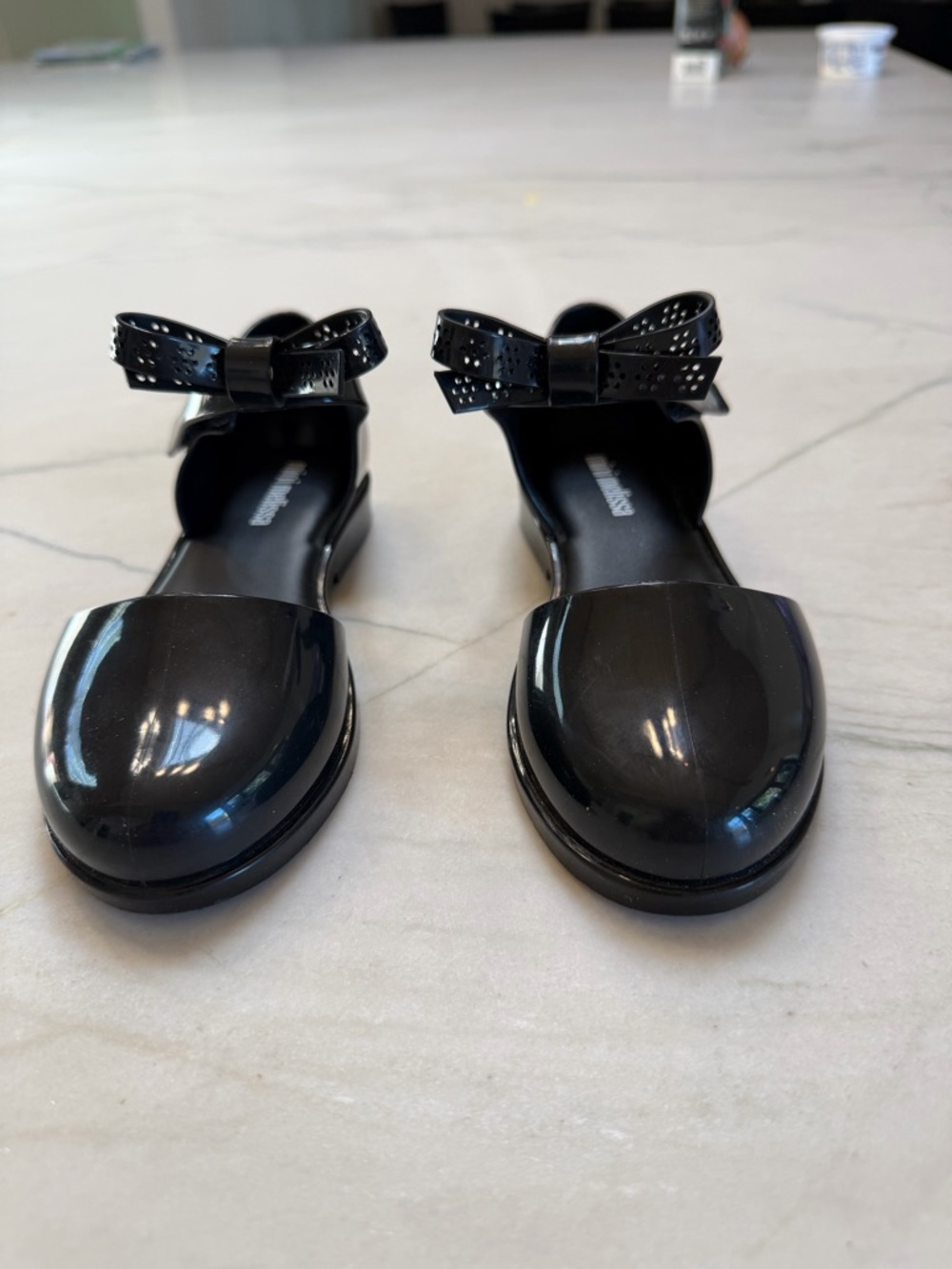 Mini Melissa Black Patent Bow Ankle Strap Flats